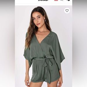 Ain't It Grand Olive Green Satin Surplice Romper NWT